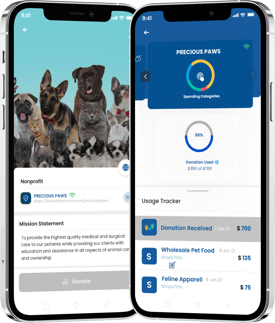 This is a mobile view of our ficiticious charity, "Precious Paws" demonstrating donation transparency by dispalying its transactions to a donor