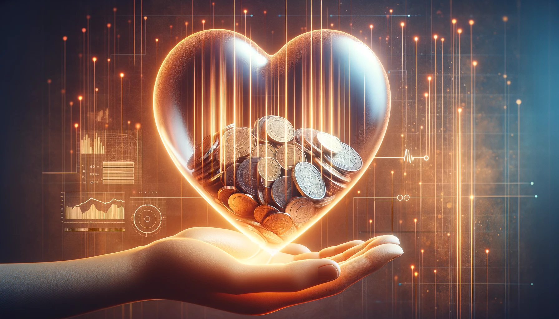 Transparent heart with coins and bills symbolizing 'Transparency Encourages Generosity' in philanthropy