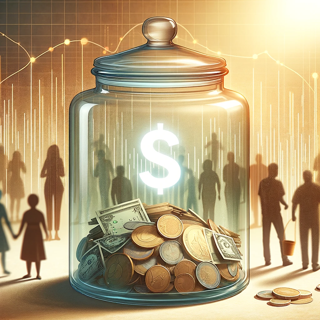 Conceptual illustration of transparent donations overcoming donation myths, depicting a clear jar with coins and notes, and diverse silhouettes in the background.