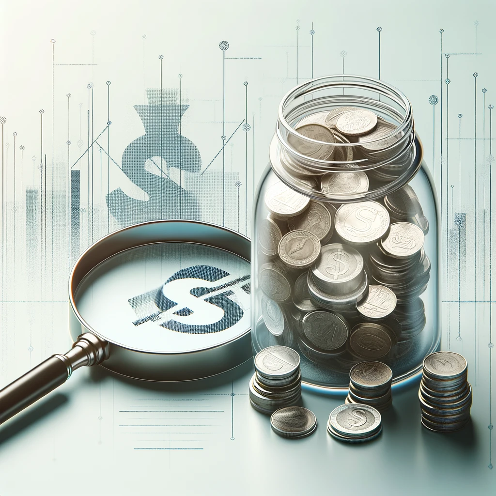 Symbolic representation of nonprofit accountability and transparency with a clear glass jar of coins and magnifying glass.