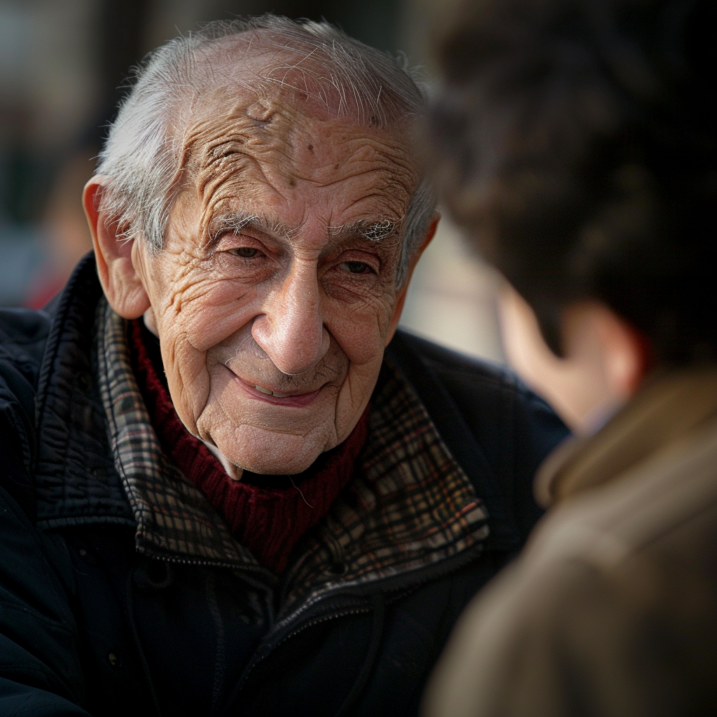 An elderly man with a warm smile engaging in a heartfelt conversation with a younger person, symbolizing trust and connection.