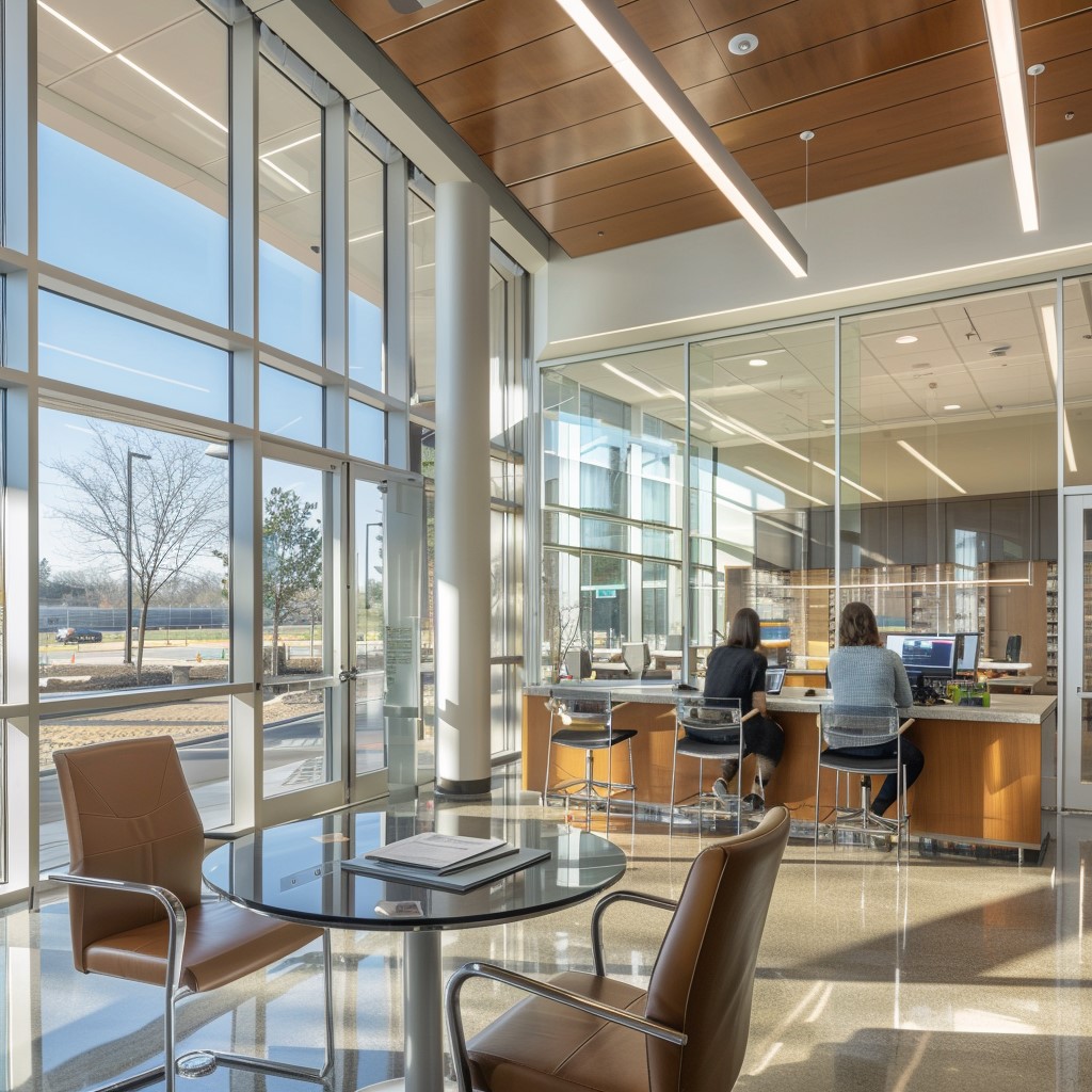 A donor and a nonprofit representative interact warmly in a bright, modern space with glass walls and open books, symbolizing transparency and trust.